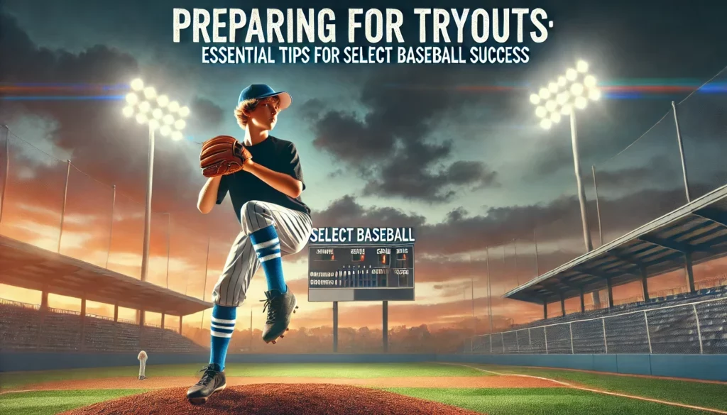 A creative and thematic header image for a blog titled 'Preparing for Tryouts_ Essential Tips for Select Baseball Success'. The image should feature a