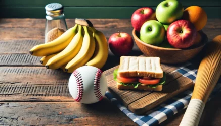 A simple and thematic wide-format image featuring a healthy sandwich and an assortment of fruits, such as apples and bananas, neatly arranged next to