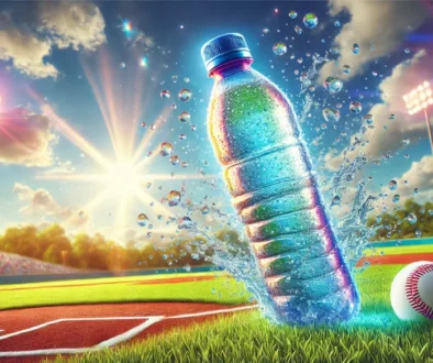 A realistic and vibrant image of a colorful water bottle bursting with water in the air. The background features a bright, sunny baseball field with a