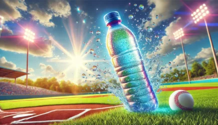 A realistic and vibrant image of a colorful water bottle bursting with water in the air. The background features a bright, sunny baseball field with a