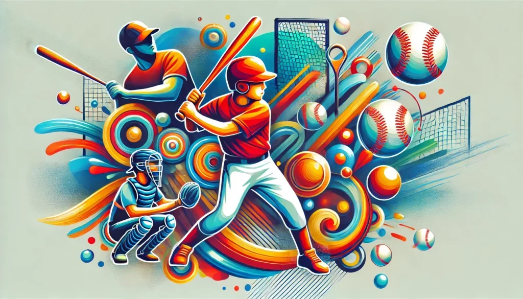 A vibrant and abstract header image for a blog post about mastering the fundamentals of baseball for young players. The image should feature colorful,