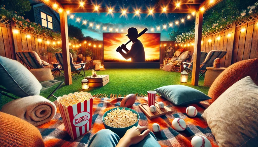 DALL·E 2024-07-03 07.45.39 - A vibrant and inviting header image for a blog about the top baseball movies for families to enjoy during summer. The image should feature a cozy outd