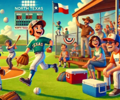 A Pixar-style 16x9 header image for a blog about North Texas travel baseball tournaments. The scene features a lively baseball field with a young play