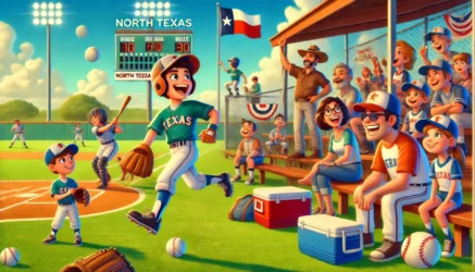 A Pixar-style 16x9 header image for a blog about North Texas travel baseball tournaments. The scene features a lively baseball field with a young play