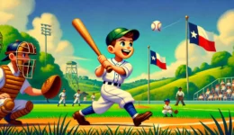 A Pixar-style 16x9 header image of a cheerful young baseball player on a sunny Texas baseball field. The child is mid-action, swinging a bat with a bi