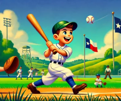 A Pixar-style 16x9 header image of a cheerful young baseball player on a sunny Texas baseball field. The child is mid-action, swinging a bat with a bi