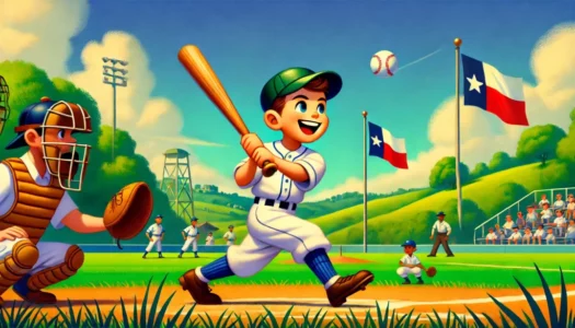 A Pixar-style 16x9 header image of a cheerful young baseball player on a sunny Texas baseball field. The child is mid-action, swinging a bat with a bi