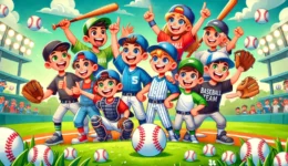 A colorful and cartoon-style 16x9 header image for a blog about baseball team dynamics, featuring a cheerful youth baseball team with players and pare