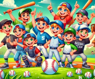 A colorful and cartoon-style 16x9 header image for a blog about baseball team dynamics, featuring a cheerful youth baseball team with players and pare