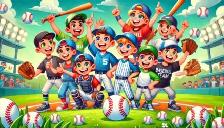 A colorful and cartoon-style 16x9 header image for a blog about baseball team dynamics, featuring a cheerful youth baseball team with players and pare