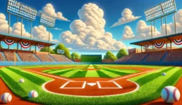 How to score a baseball game, guide image of a beautifully detailed baseball field on a sunny day. The field features lush green grass, a perfectly groomed infield, an