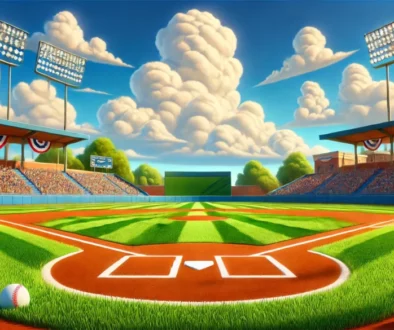 How to score a baseball game, guide image of a beautifully detailed baseball field on a sunny day. The field features lush green grass, a perfectly groomed infield, an