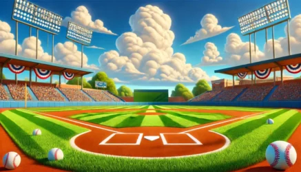 How to score a baseball game, guide image of a beautifully detailed baseball field on a sunny day. The field features lush green grass, a perfectly groomed infield, an