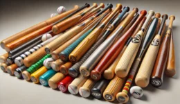 A high-quality digital illustration of a pile of baseball bats arranged neatly. The bats vary in colors, materials, and styles, including composite, a