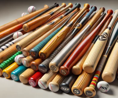 A high-quality digital illustration of a pile of baseball bats arranged neatly. The bats vary in colors, materials, and styles, including composite, a