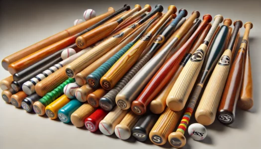 A high-quality digital illustration of a pile of baseball bats arranged neatly. The bats vary in colors, materials, and styles, including composite, a